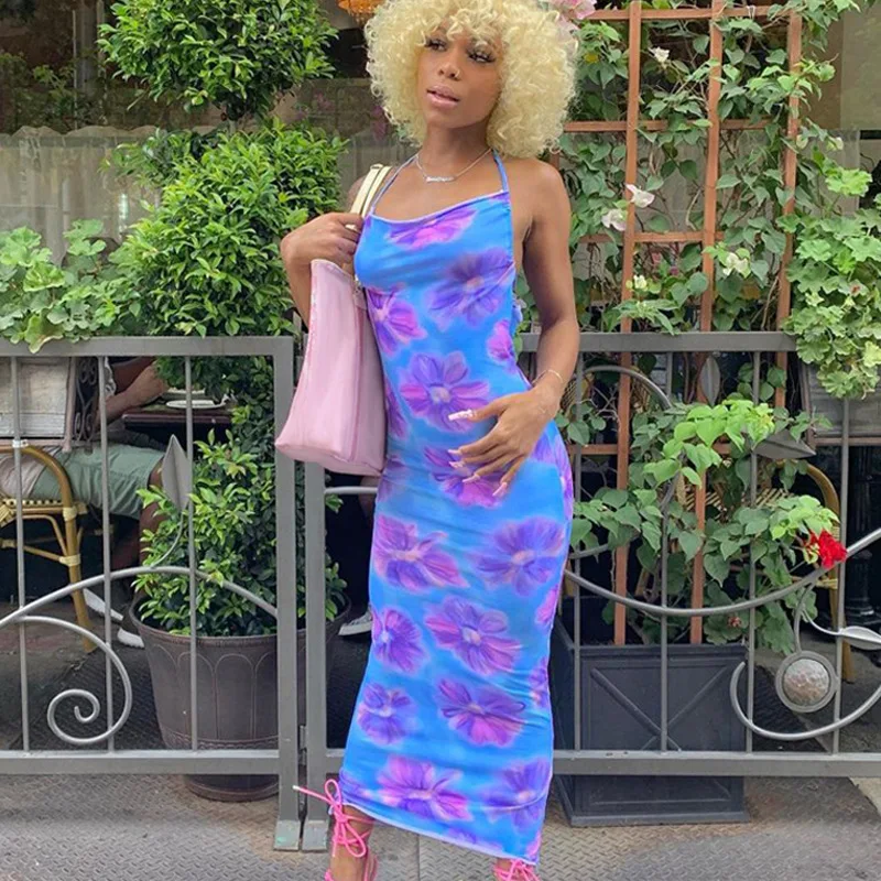 

Dourbesty Floral Print Sexy Long Dress 2021 Women Backless Halter Bandage Bodycon Party Maxi Dress Summer Femme Robe Longue