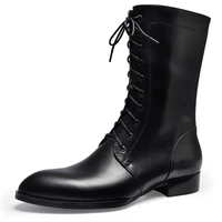 fashion winter leather men long boots black buckle lace up mid boots comfortable cow leather boots