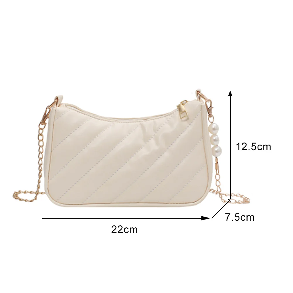 

Women Shoulder Bag Embroidery Thread Leather Handbags Pearl Gold Chain Fashion Travel Casual Purse Small Square Bag