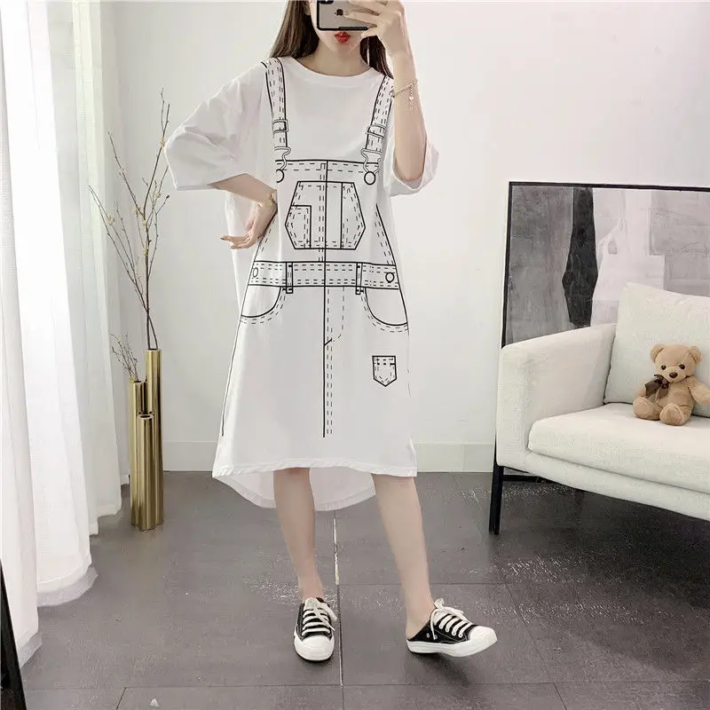 

Mid-length Lazy Style Korean Version Age-reducing Short-sleeved T-shirt Skirt Nightdress Fake Suspenders White Dress Summer