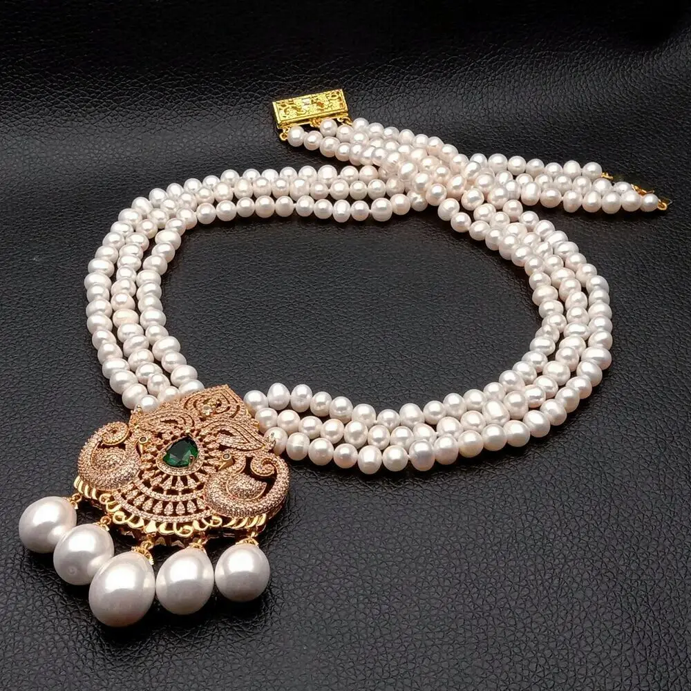 19'' 3 Strands 6-7MM Cultured White freshwater Pearl Necklace Sea Shell Zircon Pendant | Украшения и аксессуары
