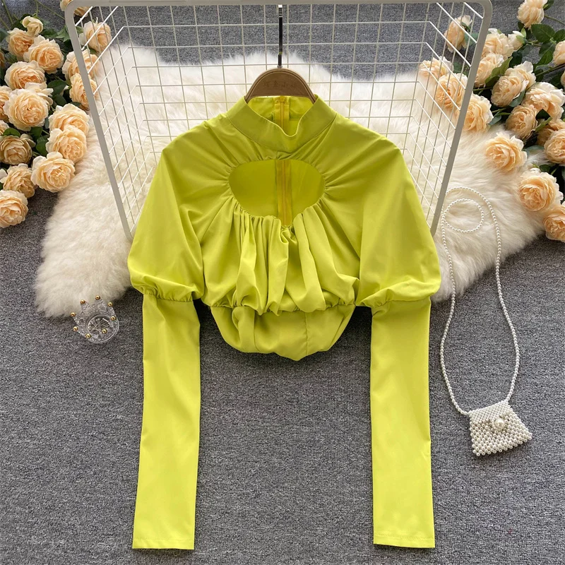 

Women design sense new hollow, long-sleeved, self-cultivation, all-match Korean fashion temperament blouse tops female D0372