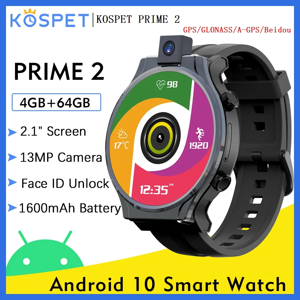 Global Version 2.1" KOSPET PRIME 2 GPS+GLONASS 4G Smart Phone Watch Helio P22 Chips 4GB 64GB 13MP Camera 1600mAh Android 10 OS