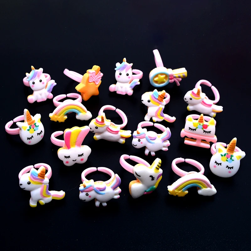 20pc Cartoon Animal rainbow Unicorn Horse Kids Finger girl Rings Favors child Costume Birthday for Baby Party Gifts