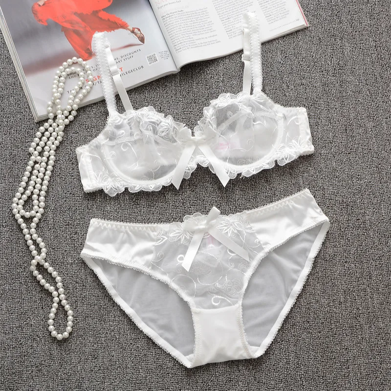 

Thin Lace Bra Sexy Mesh Transparent Flowers Ladies Underwear Bra Set Female Steel Ring Back Buckle Strap Lace Lingere Set