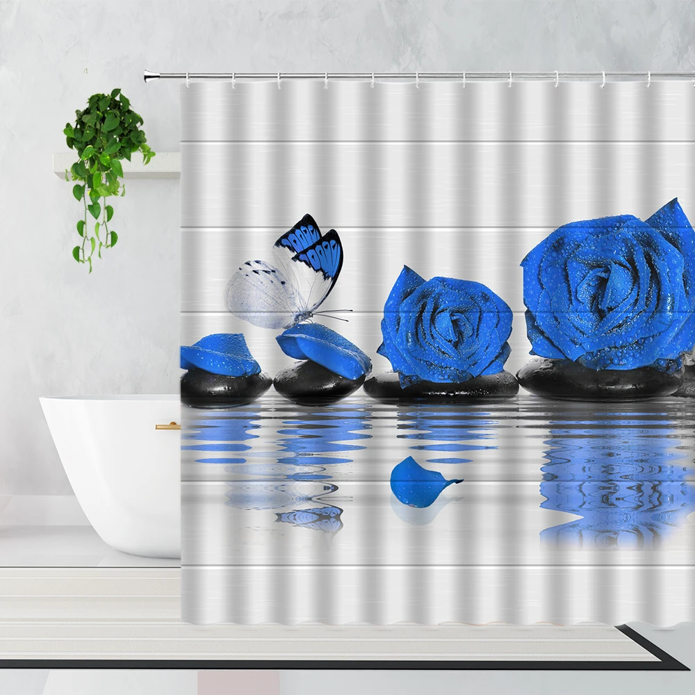 

Blue Rose Butterfly Flowers Shower Curtain Purple Orange Yellow Water Surface Flower Home Decoration Background Bathtub Screen