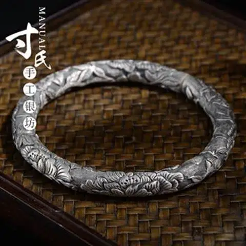 

Nostalgic S999 Pure Silver Bracelet Retro Personalized Peony Flower Bracelet Cylindrical Magpie Peony Women's Sterling Silver Br