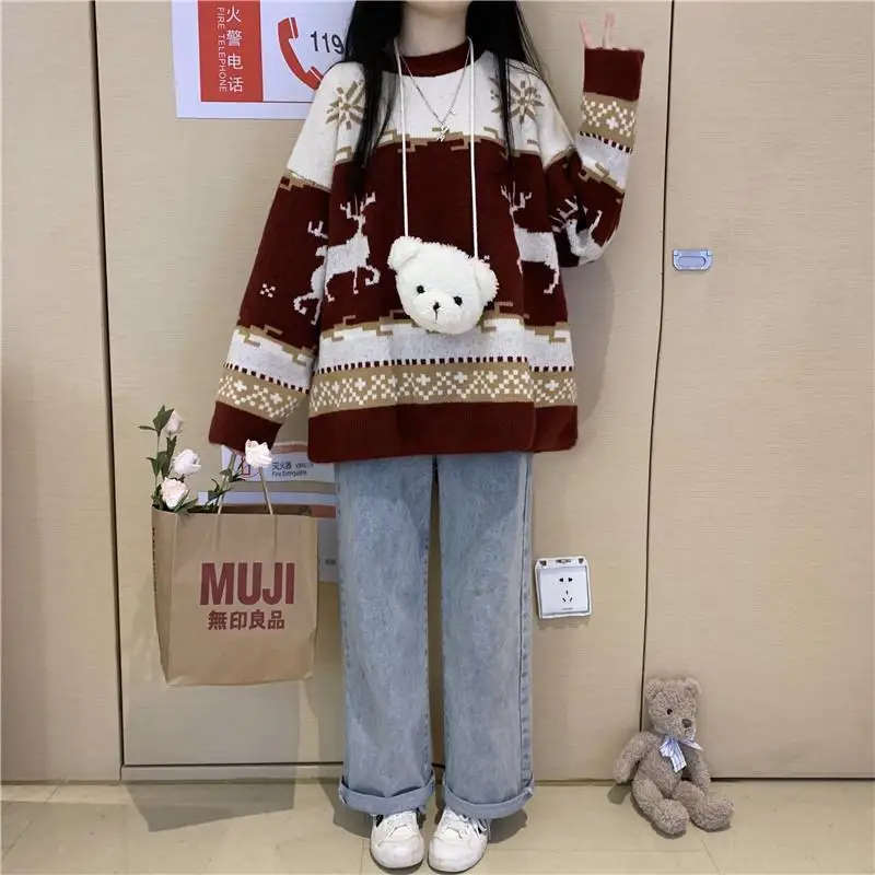 

Кавайный женский свитер Deeptown, Зимний Рождественский пуловер в японском стиле, теплый винтажный Топ оверсайз с круглым вырезом, джемпер, Жен...