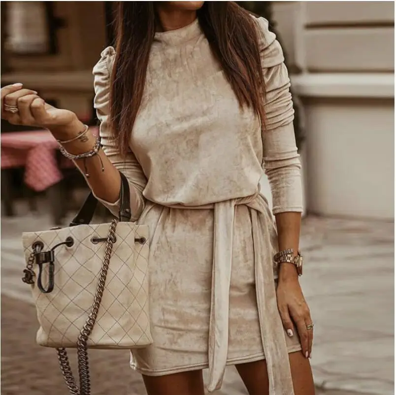 

Autumn/Winter Dress High Collar Fold Long Sleeve Mini Skirt Casual Fashion Suede Warm Lace Elegant Lady Bottoming Joker OL Skirt