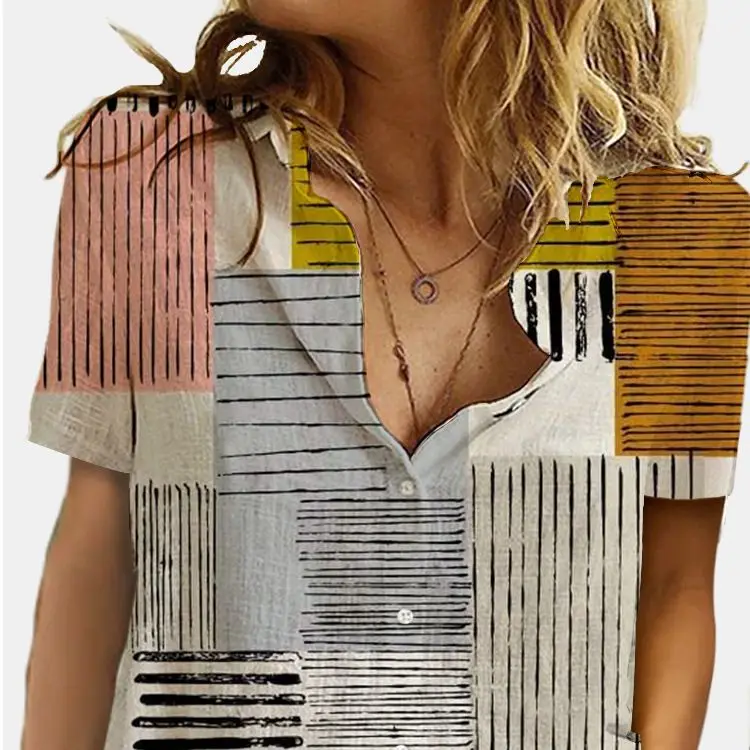 

Summer Elegant Shirts Ladies Print Tops Short-Sleeved Patchwork Buttoned Shirts Office Ladies Casual Plus Size Oversize T-Shirts