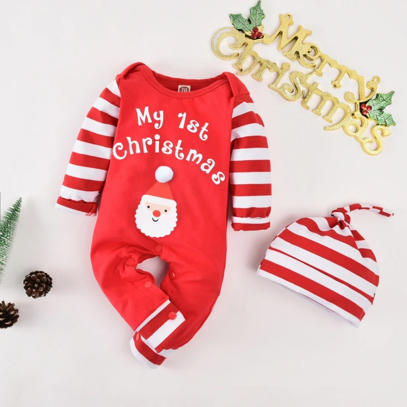 

Girls Boys Christmas Jumpsuit Santa Claus Romper Striped Playsuit + Hat 2pcs Baby Kids Outfit Set 0-18M