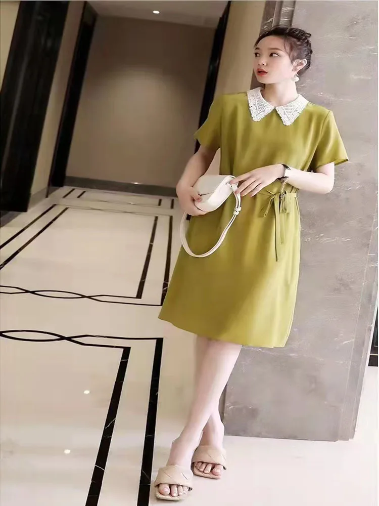 

Water-Soluble Short-Sleeved Waist Dress; Lace Lapel; Temperament Slim S-XL
