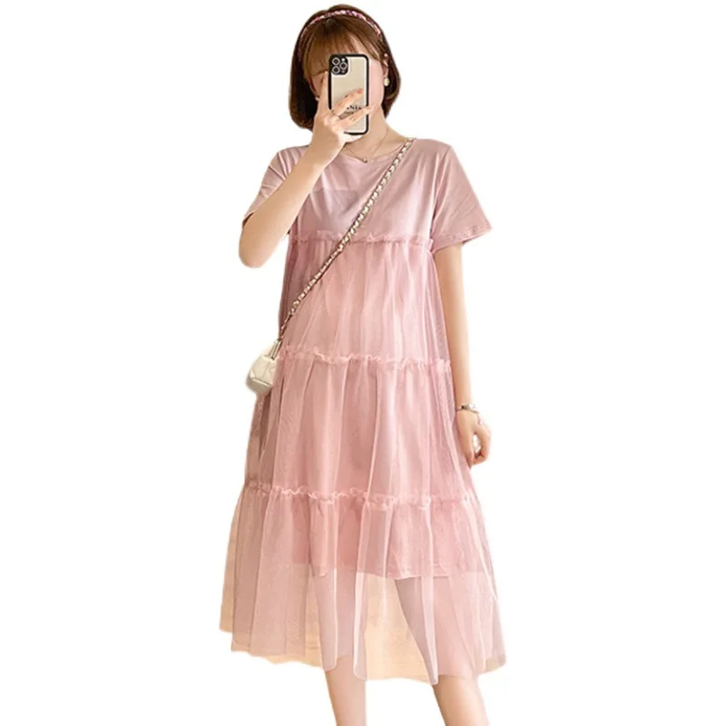 

Pink Women's Midi Pregnant Dresses for Women Summer Trendy Stitching Mesh Stitching Maternity Mid-Calf Dress Female Plus Size