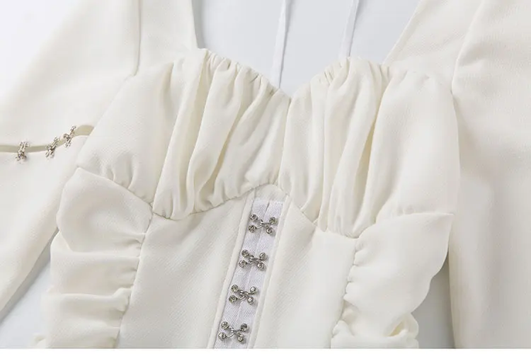 

Square Neck Pleated Dress Design Sense 2021 Spring Diamond Open Back Small Sexy White Dress Women Dresses Summer 2020