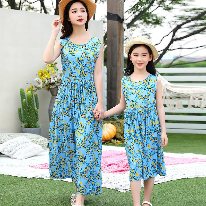 

Summer Matching Dress Mother and Daughter Clothes Family Print Floral Comfy Beach Dress Women Girls Bohemian Casual Beach Dress