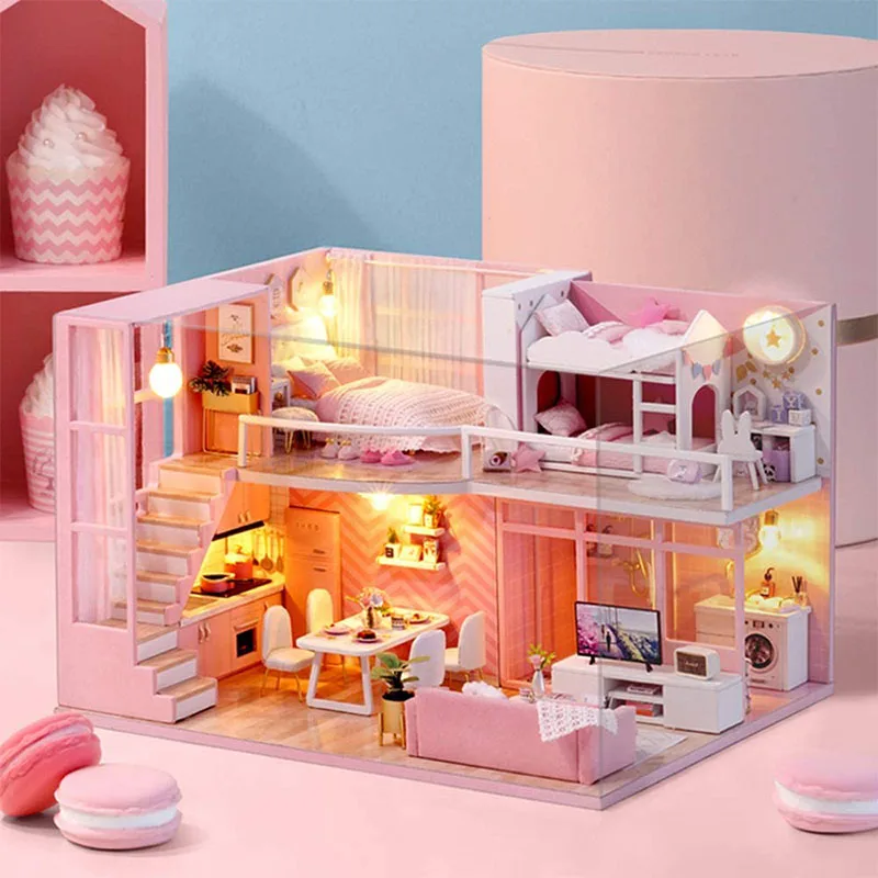 

DIY Craft Mini Dollhouse Kids Toys 1:24 Pink Handmade Art Romantic Girl Room Funny Mini Doll House Educational Toys For Children