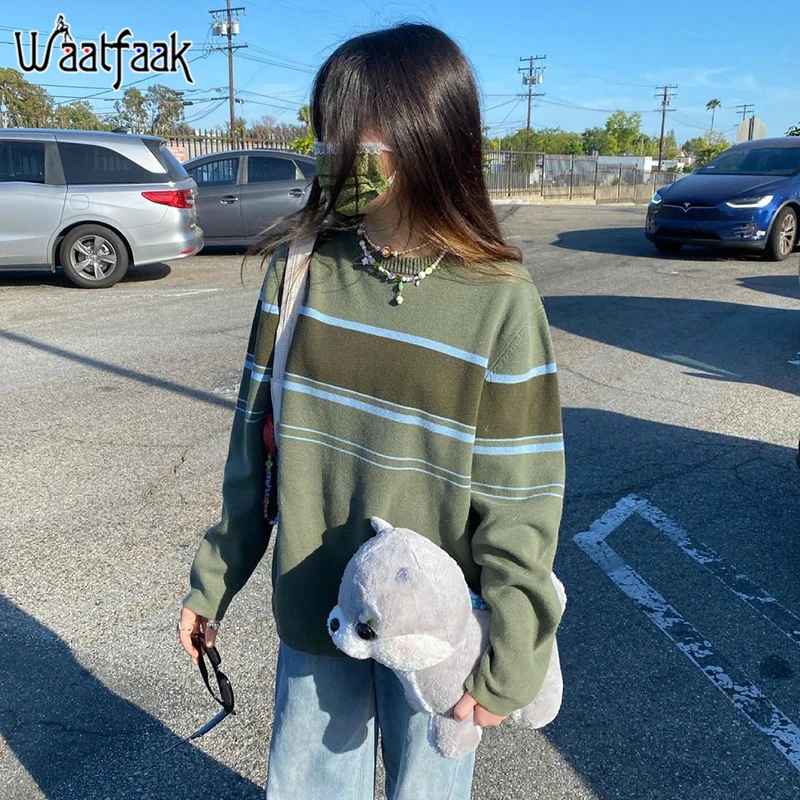 

Waatfaak Green Crewneck Oversized Striped Sweater Women Knitwear Grunge 90S Long Sleeve Top Pull Knitted Sweater Vintage Sweats