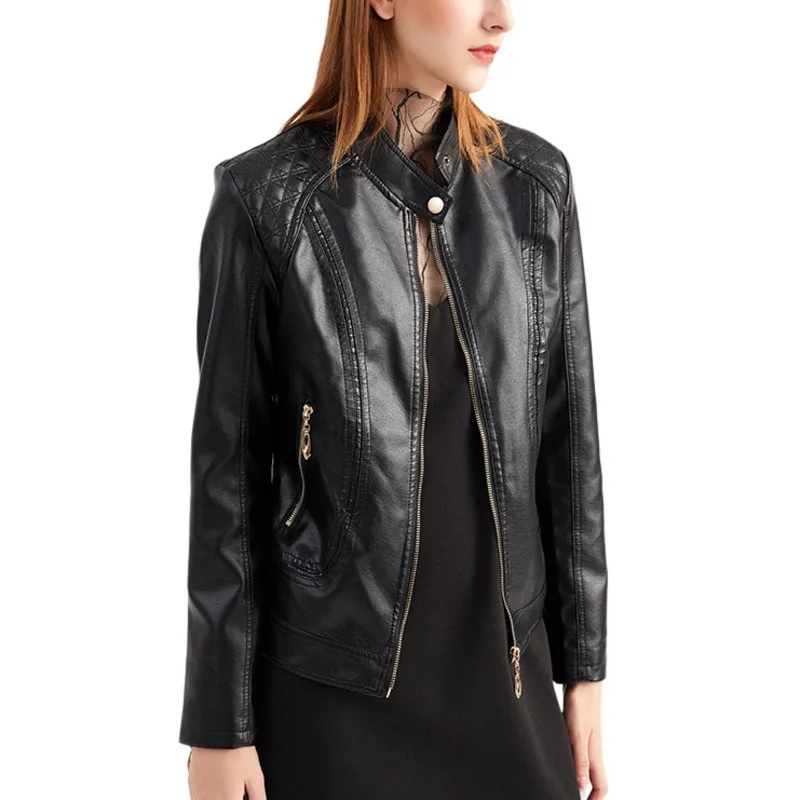 

2021 Soft Leather Jacket Women Zippers Spring Autumn Women's PU Mandarin Collar Red Motor Biker Coat Female Oversized Coat