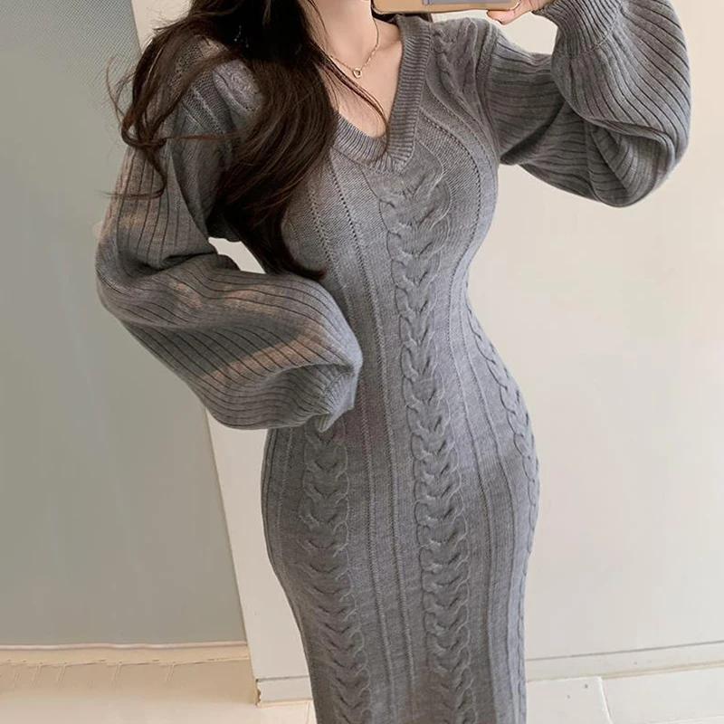 V Neck Casual Warm Knitted Jumper Dresses Solid Thick 2021 Sweater Dress Women New Winter Korean Pollover Woman Knitwear Robe | Женская