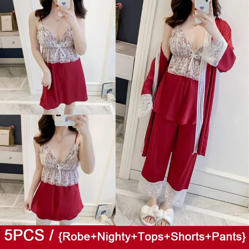 

Pajamas Women's Summer Thin Satin 5PCS Set Sexy Wedding Sleepwear Lace Trim V-neck Lady Suspender Nighty&Tops&Shorts&Pants Suit