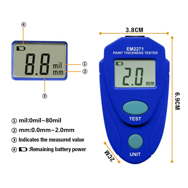 

Thickness Gauge for Car LCD EM2271 EM2271A Digital Mini Automobile Thickness Gauge Car Paint Tester Thickness Coating Meter