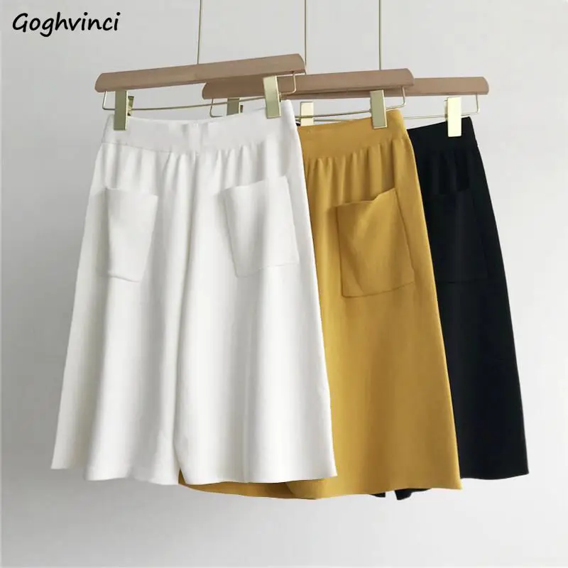 

Shorts Women Front Pockets Vintage Solid Fashion High Waist Loose Wide Leg Trousers Office Lady Knee Length Casual All-match Ins