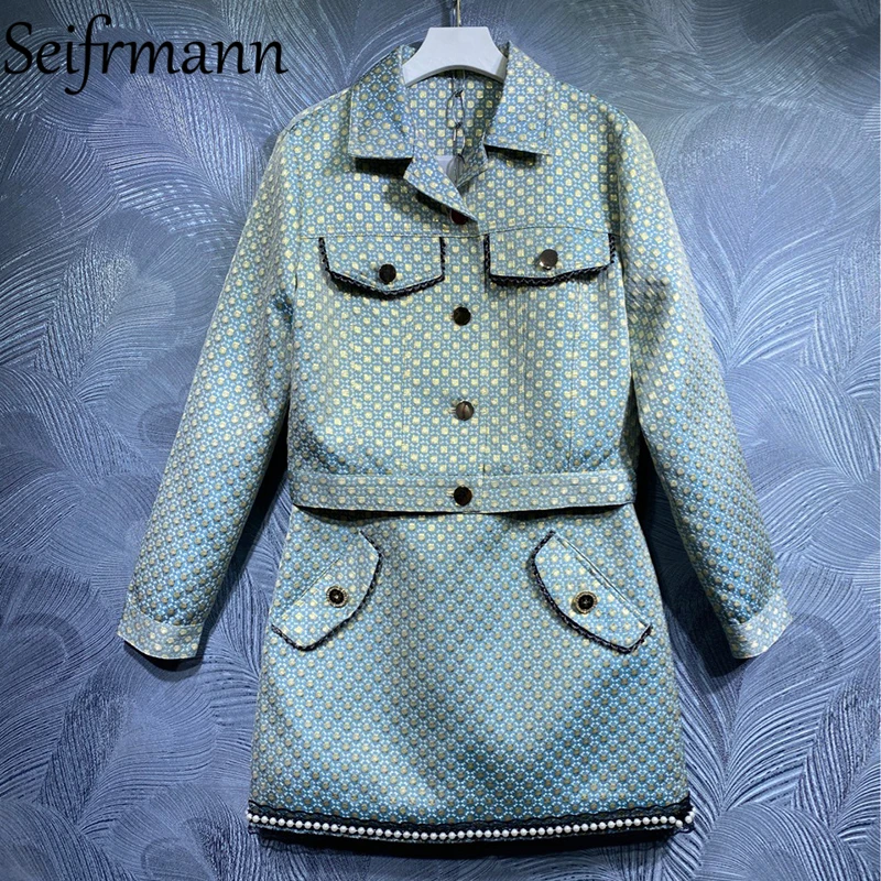 

Seifrmann New 2021 Autumn Women Fashion Runway Skirt Set Long Sleeve Short Tops + High Waist Pencil Skirts 2 Two Pieces Suits