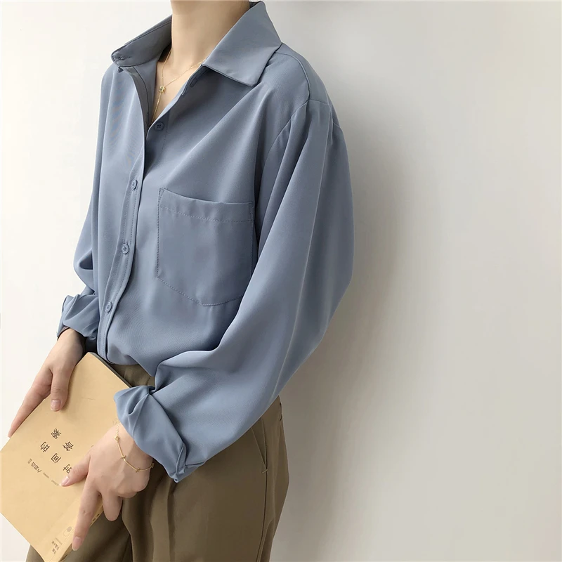 Офисная Высококачественная Однотонная рубашка с длинным рукавом хлопковая - Фото №1