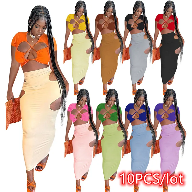 

10PCS Wholesale Item Women Sexy Hollow Out V Neck Bandage Crop Top 2 Piece Skirt Set Ladies Club Party Bodycon Skirt Set Outfits