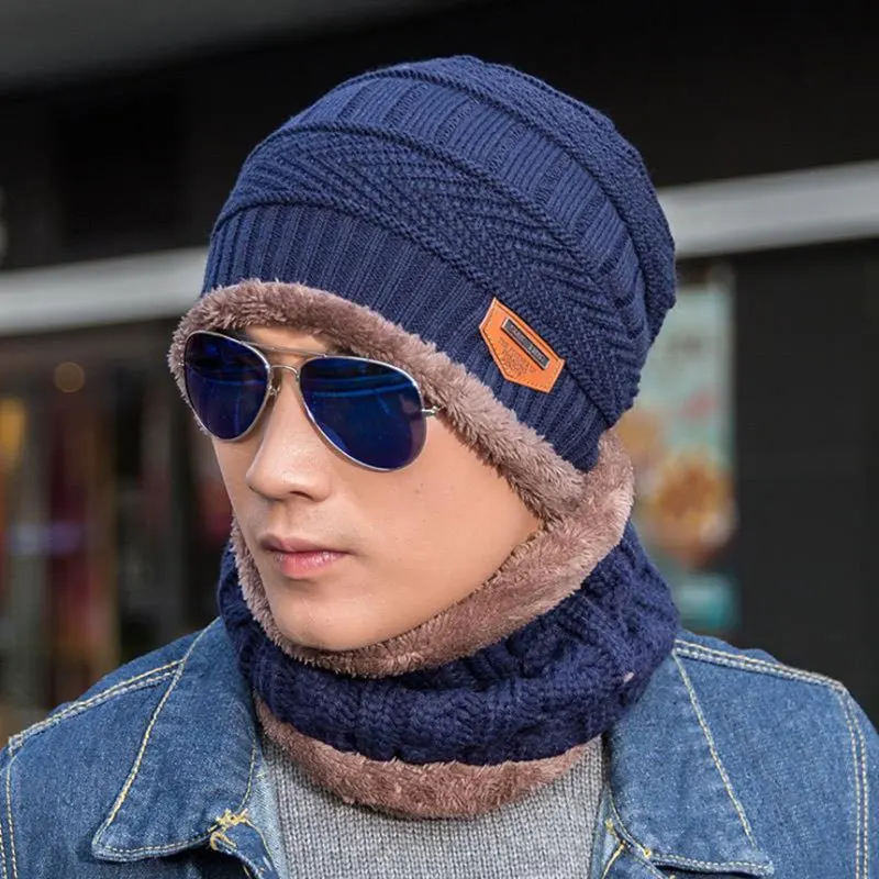 

Winter hat male Korean version of the tide autumn winter men's knit hat plus velvet thick wool hat set cap collar set