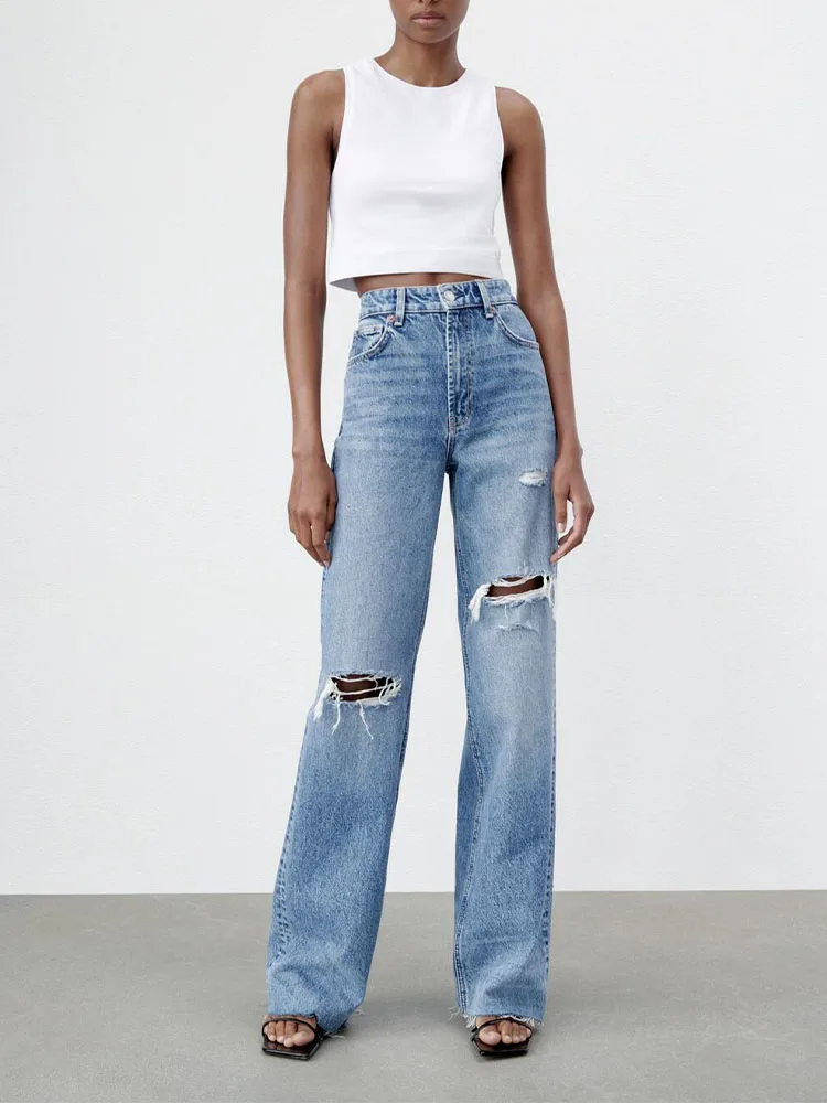 

ZA autumn blue casual all-match slimming hole decoration straight wide-leg jeans women