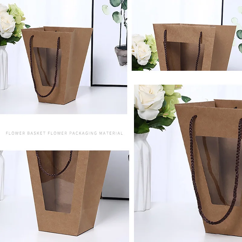Kraft Paper Transparent Flower Box Waterproof Packaging Basket Folding Handbag |