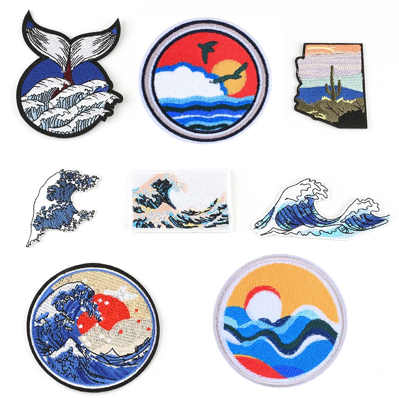 Пейзажная живопись морские волны патчи термоклейкие круглые вышитые значки
