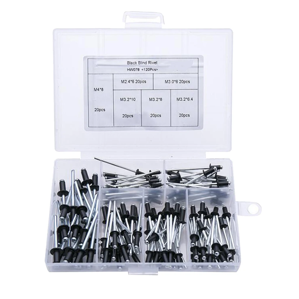 

120PCS [M2.4*6 M3.0*6 M3.2*6.4 M3.2*8 M3.2*10 M4*8] Black Aluminium Blind Rivets Nail Decoration Rivets For Furniture