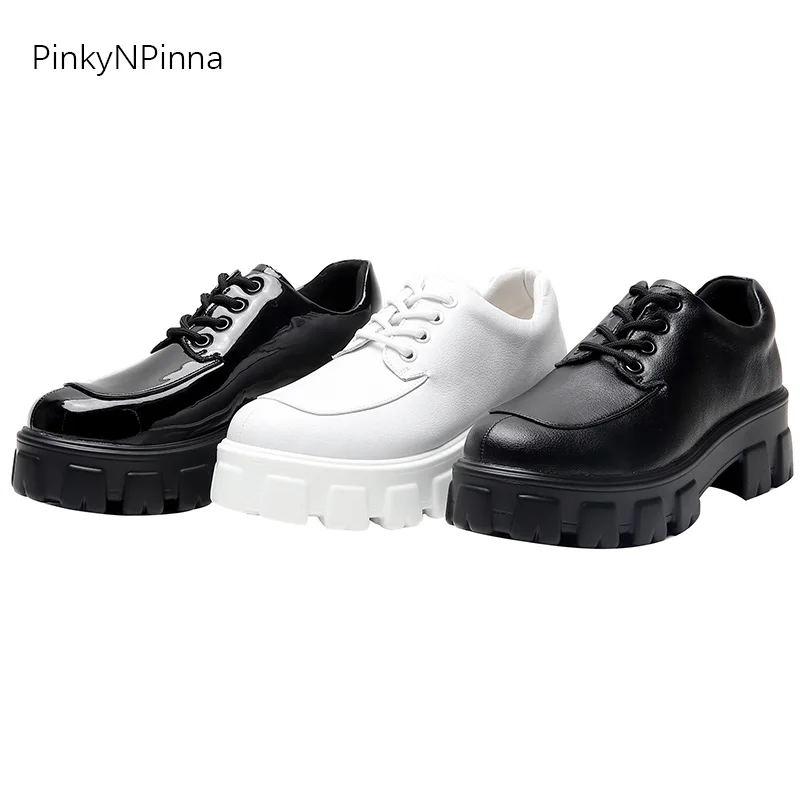 2019 new women genuine leather cute soft cowhide platform flat casual shoes laced up Oxford street style young chic preppy | Обувь