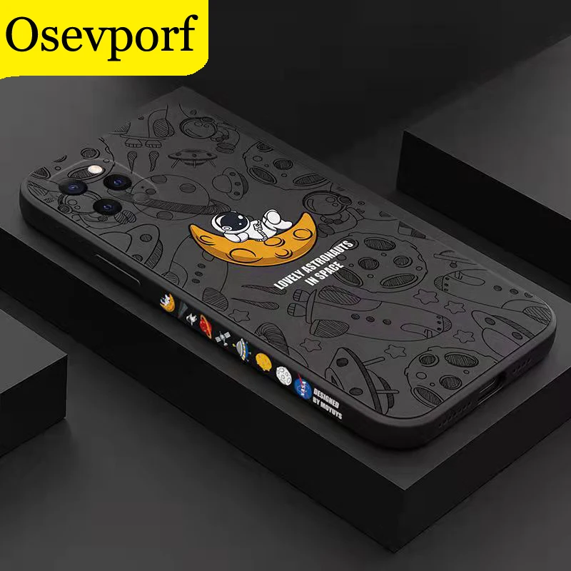 

Astronaut Cartoon Case Liquid Straight Edge Silicone Back Cover Black Cellphone Fundas For iPhone 13 12 11 Pro Max X XR 8 7 Capa