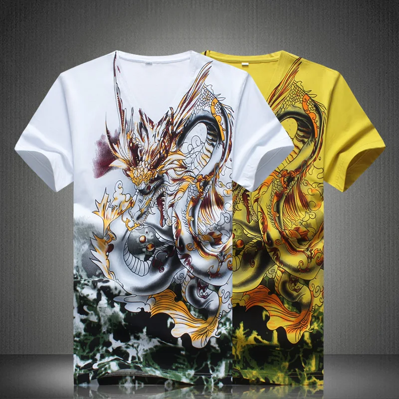 

New Arrived Men's T-shirts Chinese Brand Great Yellow Lucky Dragon Pattern V-neck Tshirt Short Sleeve Summer Sale Clothing 8819
