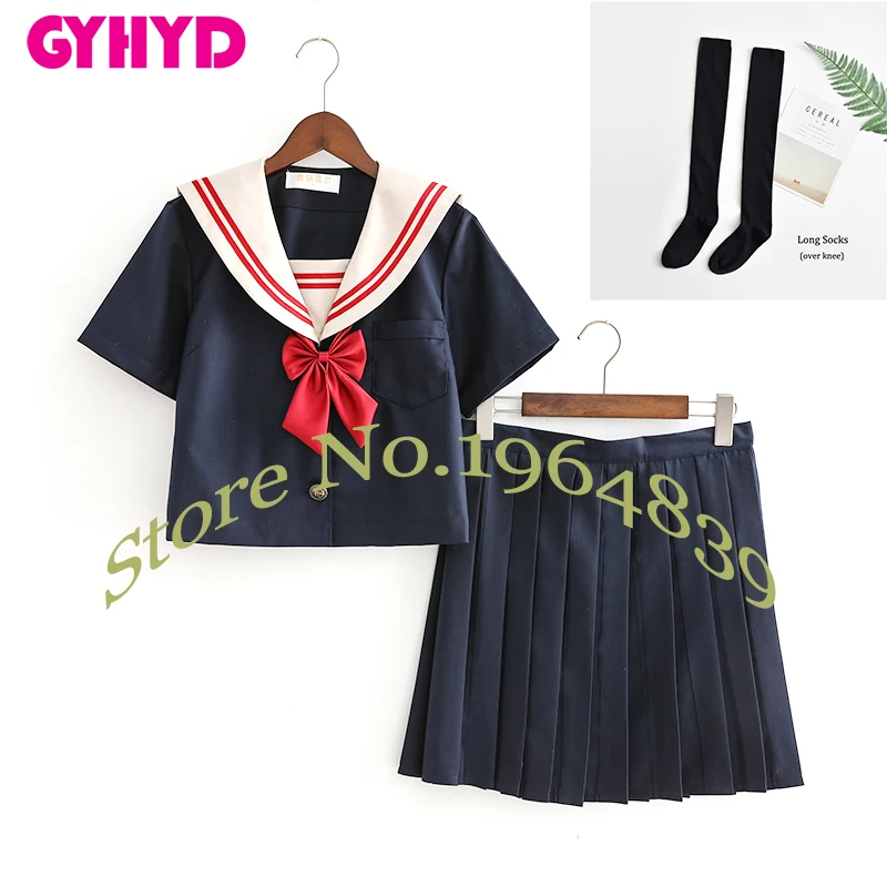 Short Set With Socks Новое поступление хаки воротник моряка костюм Школьная форма JK школьная Униформа s для девочек, темно-синяя рубашка и юбка костюмы Студенческая Косплэй - Цвет: Short Set With Socks