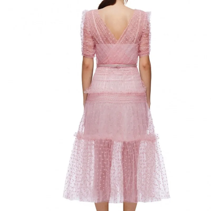 

2021 New Fashion Women's Vintage Dot V-Neck Runway Dress Ladies Short Sleeve Slim Ruffle Mesh Long Dress Robe With Belt