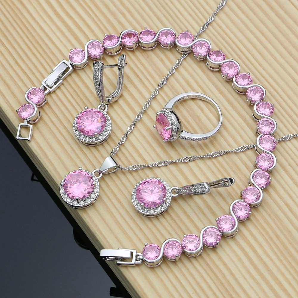 

Pink Cubic Zirconia Jewelry Kits Silver 925 Jewelry Sets For Women Earrings/Pendant/Rings/Bracelet/Necklace Set Dropshipping
