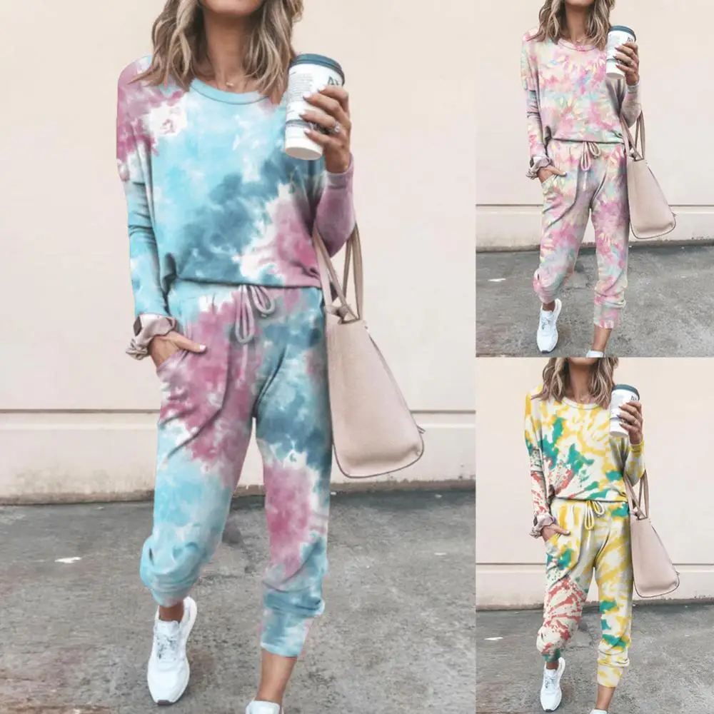 

80% Hot Sale 2Pcs Women Tie Dye Jogger Suit Long Sleeve Round Neck Pants Sleepwear Women Sleep Wear Sleepwear Pajamas for ladies