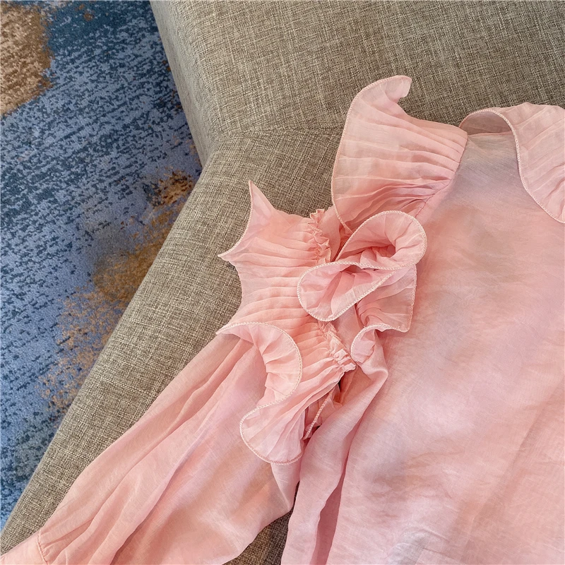 

Ruffles Blouse Women 2020 Spring and Summer New Pleated Sunscreen Long Sleeve Chiffon Shirt Blouses Blusas Ropa Mujer