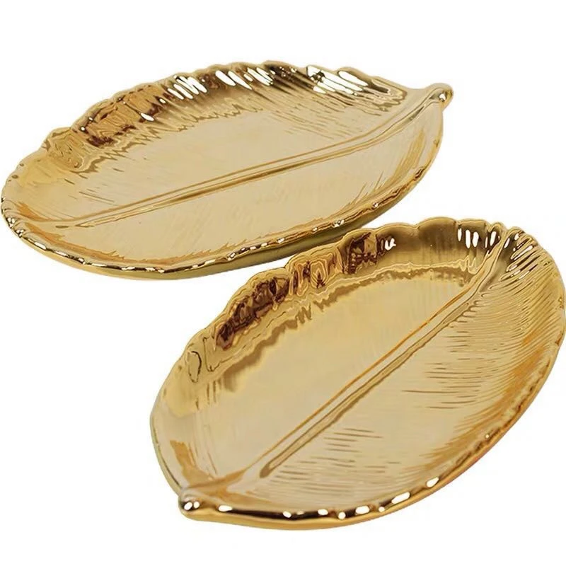 

Hot Decorative Gold Leaf Ceramic Plate Dish Porcelain Candy Trinket Dish Jewelry Fruit Serving Tray Storage Plate Crockery Table