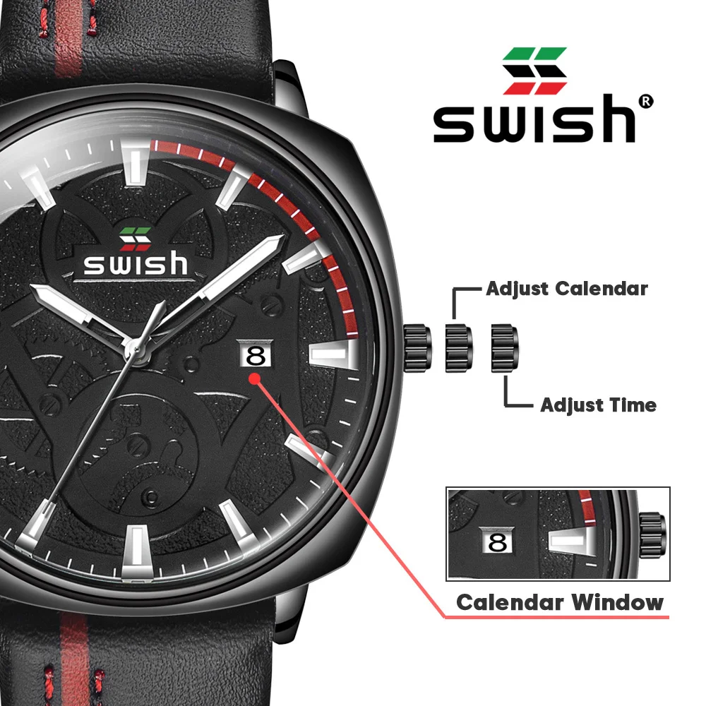 Мужские часы с кожаным ремешком кварцевые аналоговые со светящимися датами