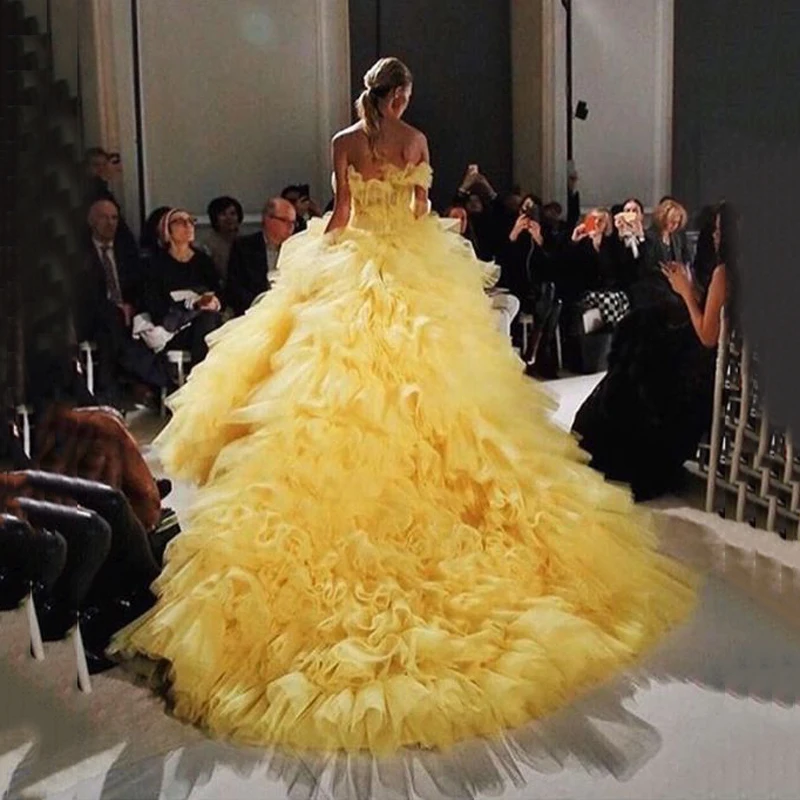 Элегантное желтое Тюлевое вечернее платье с оборками и застежкой-молнией сзади