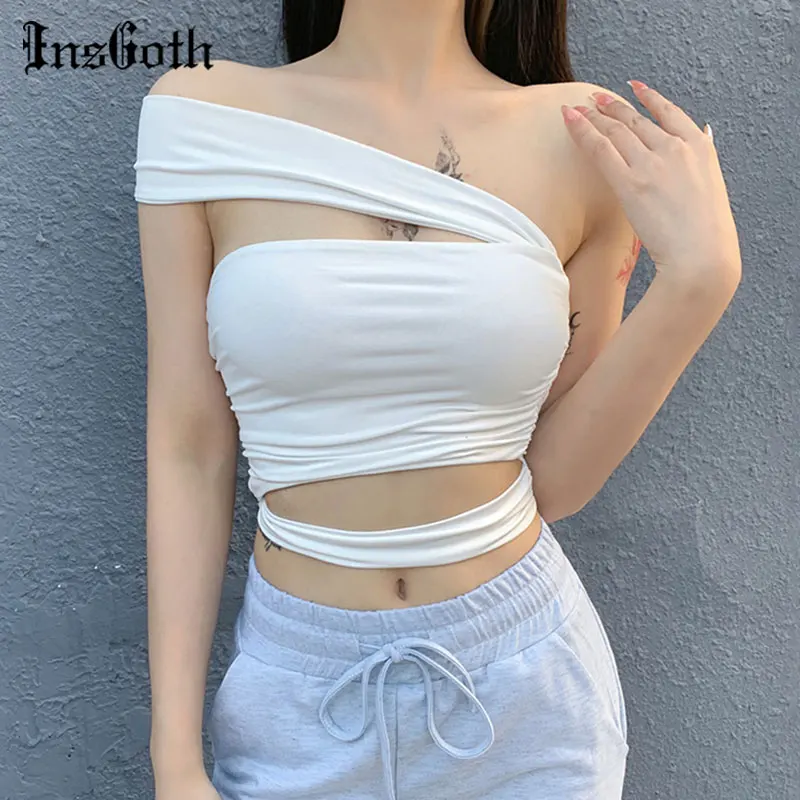 

InsGoth Sexy Hollow Out White Camisole Goth Y2K Patchwork Skinny Camis Streetwear Chic E Girl Cropped Camis Women Clubwear