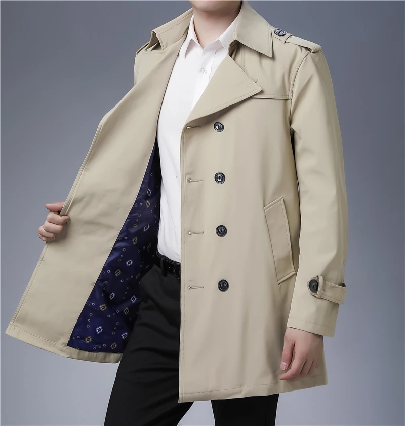 

2021 Spring New Arrival High Quality Men's Khaki Black Mens Long Trenchcoat Double Breasted Business Casual Men Slim Jacket