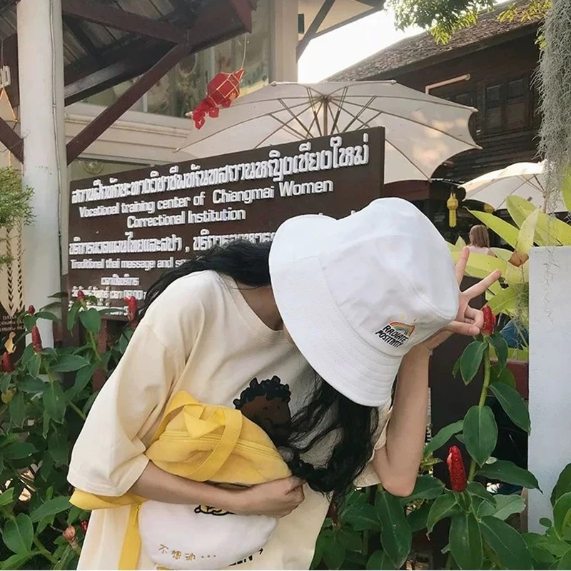 

Casual Rainbow Print Embroidery Bucket Hat Women Girl Cotton Fashion Fisherman Caps Yellow Pink White Travel Outdoor Hats 2021
