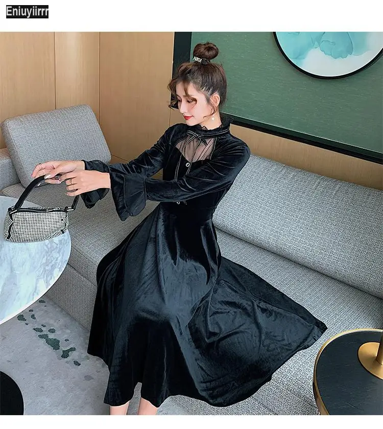 Женское бархатное платье длинное элегантное лоскутное Сетчатое черного и