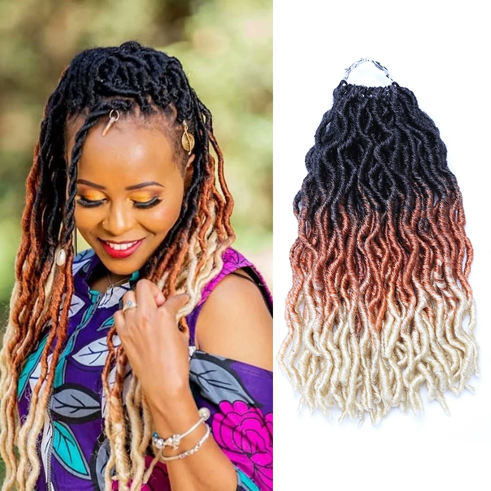 Synthetic Gypsy Locs Crochet Hair Ombre Wavy Curly Goddess Faux Locs Braiding Hair Extensions Soft Dreadlocks for African Woman images - 6